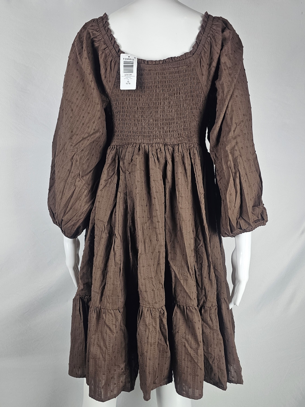 torrid Brown Long Sleeve Smocked Bodice Midi Dress - Picture 2 of 3